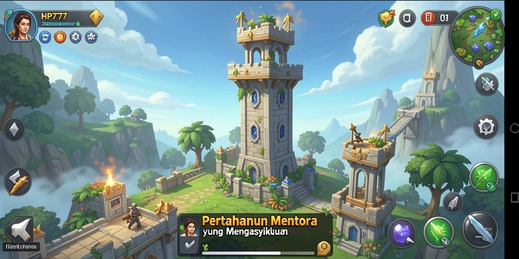 Tangkapan layar dari gameplay HP777 menampilkan menara pertahanan yang berfungsi dengan baik.