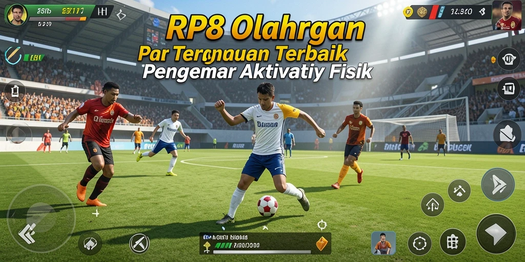 Screenshot utama RP8 menunjukkan aksi seru dalam pertandingan olahraga.