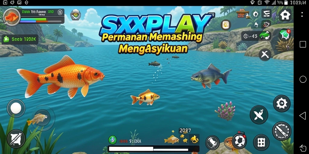 Tampilan screenshot SXXPLAY menunjukkan seorang pemain memancing di danau indah.